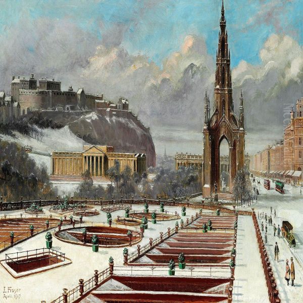 Winter Day In Edinburgh With The Scott Monument At Princess Street And Princess Garden Oil Painting by Fraser, James Baillie