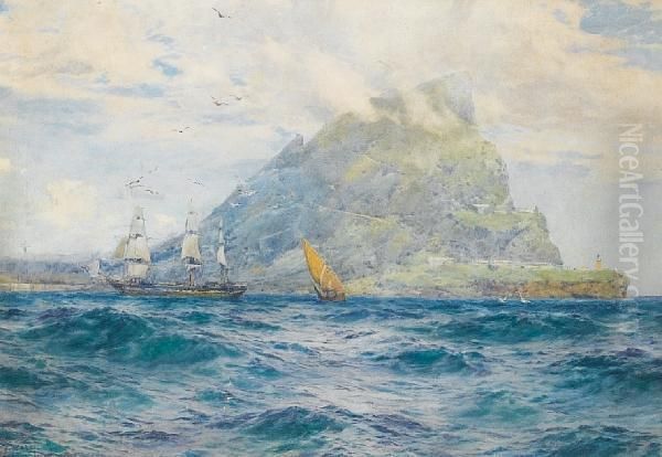 A Three-masted Merchantman Hove-to Offgibraltar With A Xebec, Off Her Stern Oil Painting by John Fraser