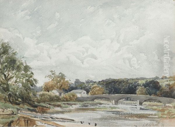 River Landscape With Bridge Oil Painting by John Fraser