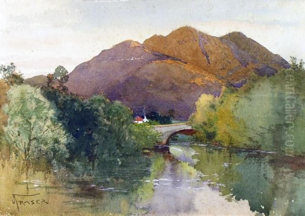 Landscape With Bridge And Mountains Oil Painting by John Arthur Fraser