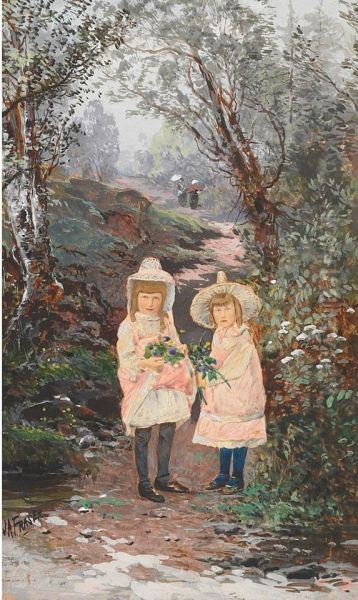 Little Sisters With Wild Flowers In A Wood Oil Painting by John Arthur Fraser