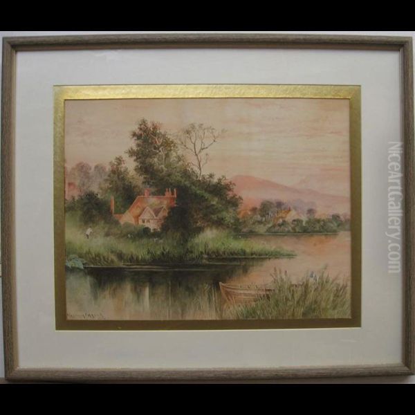 Figure Outside Cottage By Lake Oil Painting by Malcolm Fraser