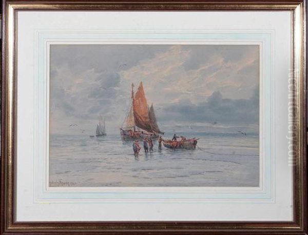 A Fishing Boat Unloading On A Beach Oil Painting by Malcolm Fraser