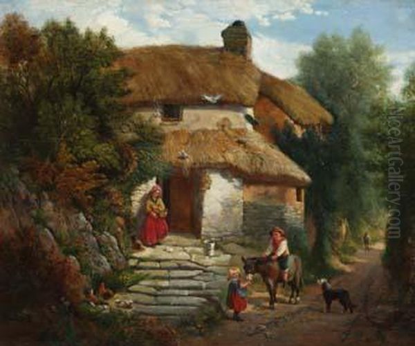 A Surreylane With Figures Outside A Cottage Oil Painting by Alexander Snr Fraser