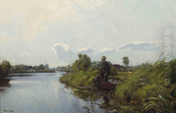 Man Fishing In The Old Rhine Oil Painting by Hendrik Frauenfelder