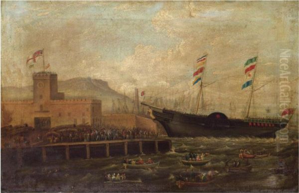 Launch Of The Steamship Aurora , From Belfast Harbour 1839 Oil Painting by Hugh Frazer