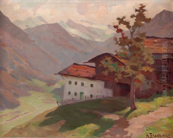 Bauernhof In Einer Tallandschaft Oil Painting by August Frech