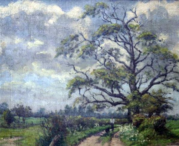 Dog Walker On A Country Path Oil Painting by H. Freckleton