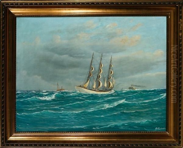 Marine With Several Ships On Open Sea Oil Painting by Carl Frederiksen