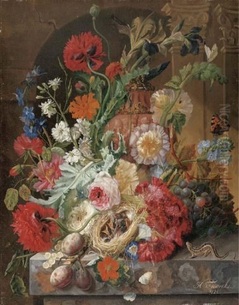 Irises, Peonies, Roses, And Other Flowers Surrounding A Terracotta Urn, With A Birds' Nest, Grapes, And Plums by Johannes Hendrick Fredriks