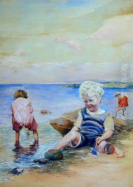 Children Playing On The Beach Oil Painting by Charles H. Freeman