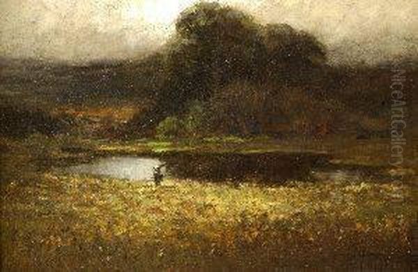 Charles H. Freeman . Landscape With Figure Near Pond Oil Painting by Charles H. Freeman