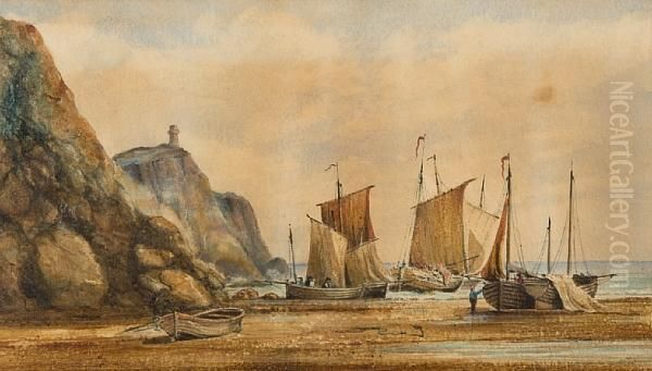 Shore Scene With Fishing Boats Oil Painting by Will. Philip Barnes Freeman