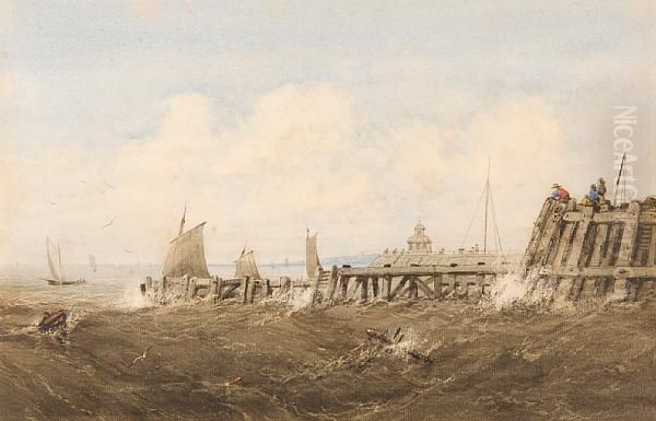 Rough Seas At Yarmouth Harbour Oil Painting by Will. Philip Barnes Freeman