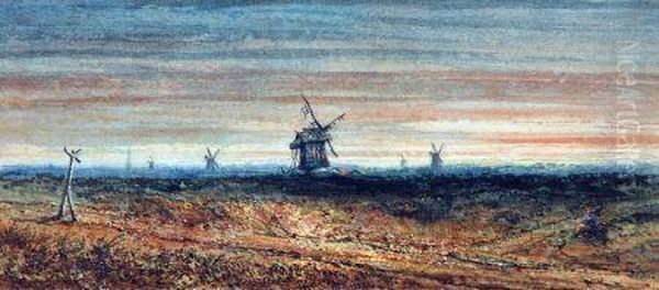 Figure In Landscape With Windmills Beyond Oil Painting by William Freeman