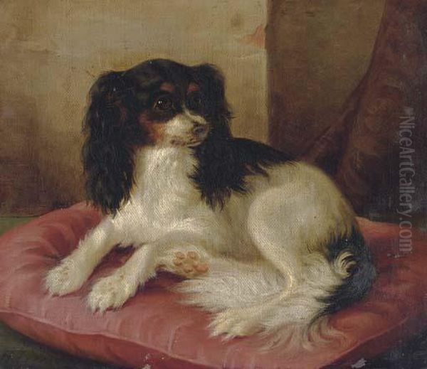 A King Charles Spaniel On A Red Cushion Oil Painting by Hermann Freese