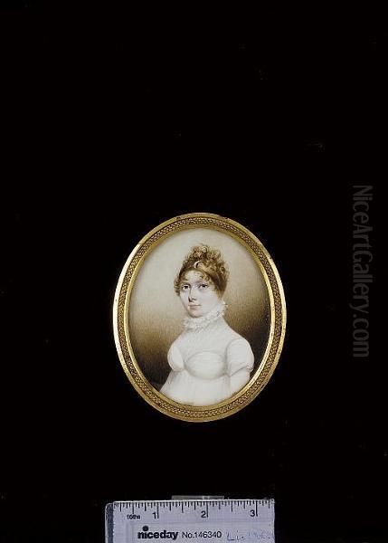 A Lady, Wearing White Dress With High Collar And Pearl Crescent In Her Hair Oil Painting by N. Freese