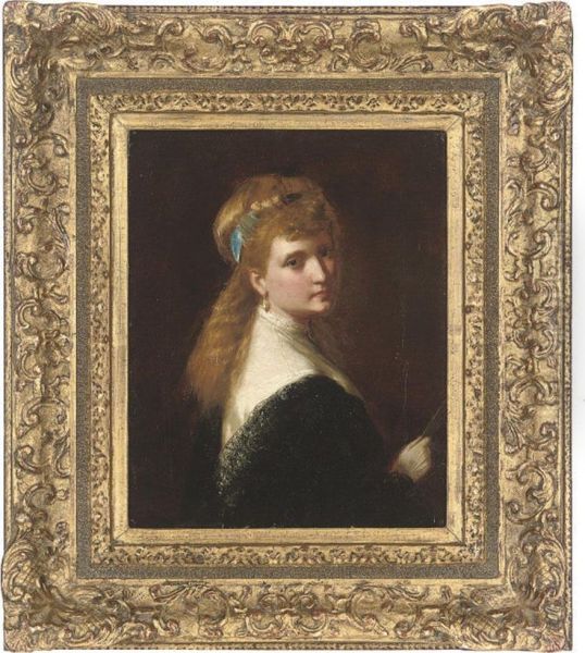 Portrait Of A Young Lady, Half-length, With A Blue Ribbon In Herhair Oil Painting by George Augustus Freezor