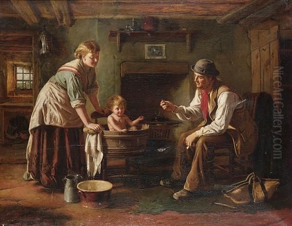 Baby's Bath Time Oil Painting by George Augustus Freezor