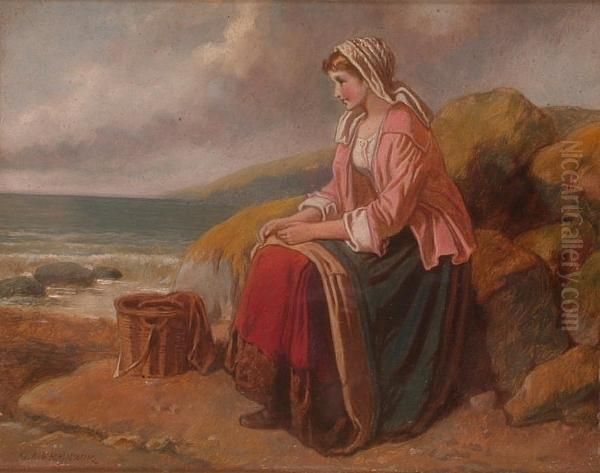 A Young Girl Seated On A Coastal Hillside Oil Painting by George Augustus Freezor