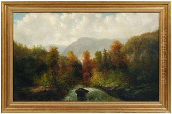 Autumn View Of A Waterfall In North Carolinamountains Oil Painting by William Frefichs