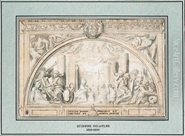 The Annunciation, With God The Father Flanked By Four Allegoricalfigures: Design For A Lunette Above The High Altar Of The Chapellede La Trinit At Fontainebleau Oil Painting by Martin Frminet