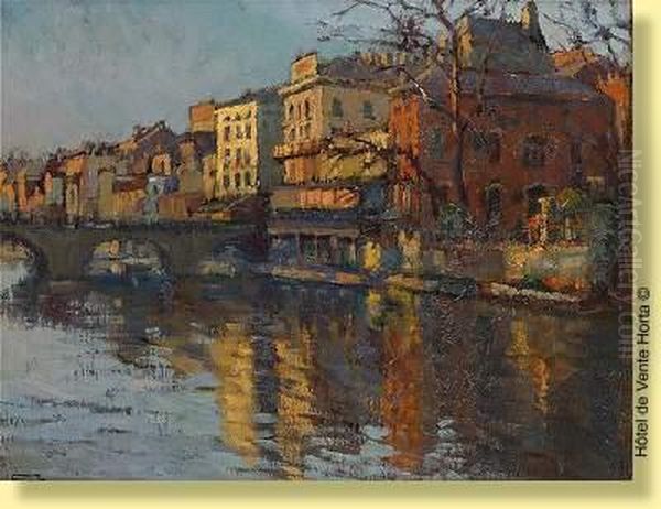 Coucher De Soleil Sur Le Pont Oil Painting by Lucien Frennet