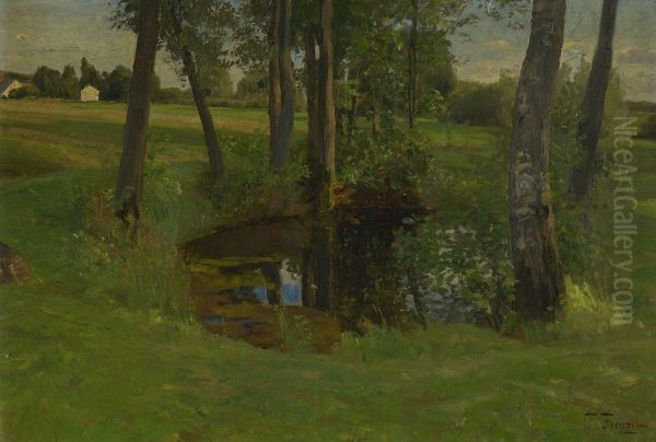 Teich In Baumlandschaft. Oil Painting by Oskar Frenzel