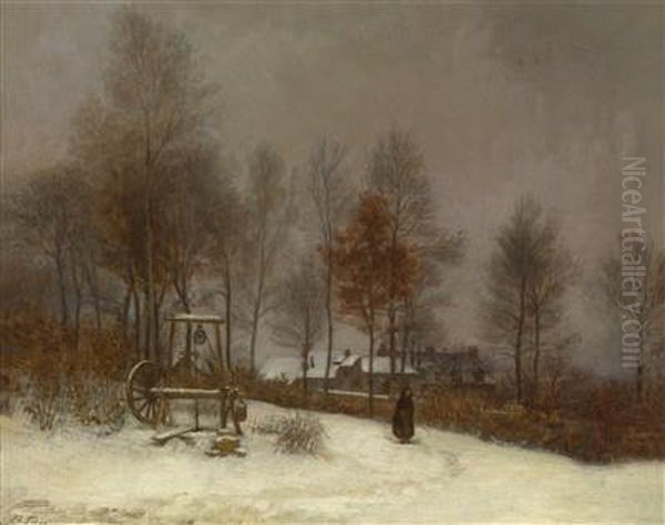 Winter Scene Set In The Woods At Fontainebleau Oil Painting by Edouard Frere