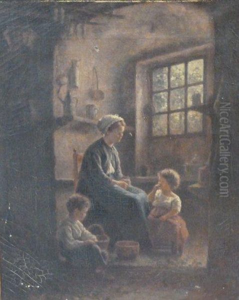 Mother And Children In A Cottage Interior Oil Painting by Edouard Frere