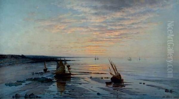 La Debarque Des Poissons, Le Soir Sur La Plage. Oil Painting by Armand Auguste Freret