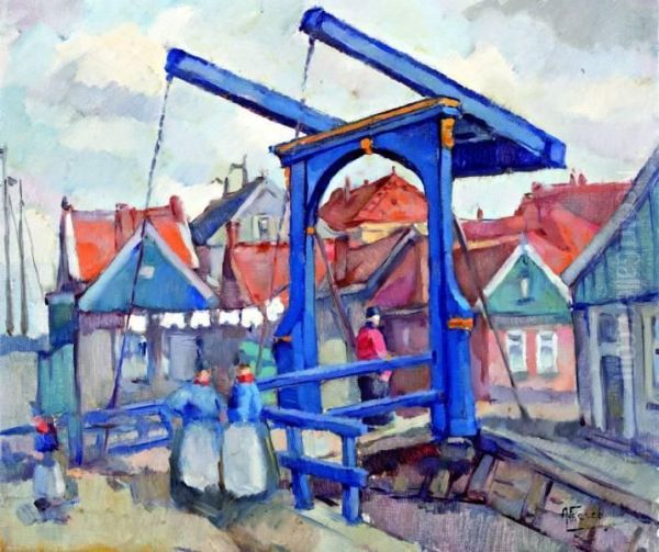 Vissers Bij Een Blauwe Ophaalbrug In Volendam Oil Painting by Abraham Fresco