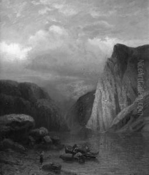 Gebirgssee Mit Anglern Oil Painting by Richard Hermann Jul. Fresenius