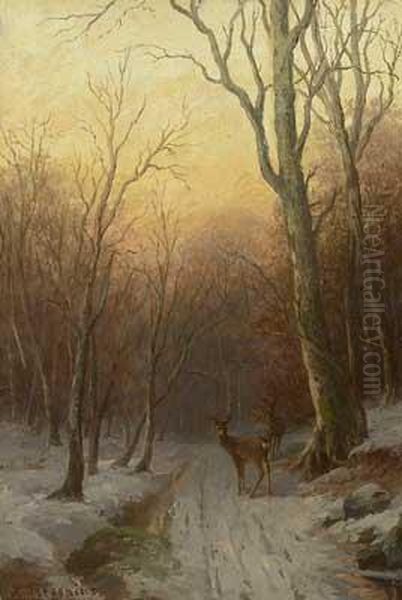 Abendstimmung Uber Winterlichem Waldweg Mit Rehwild Oil Painting by Richard Hermann Jul. Fresenius