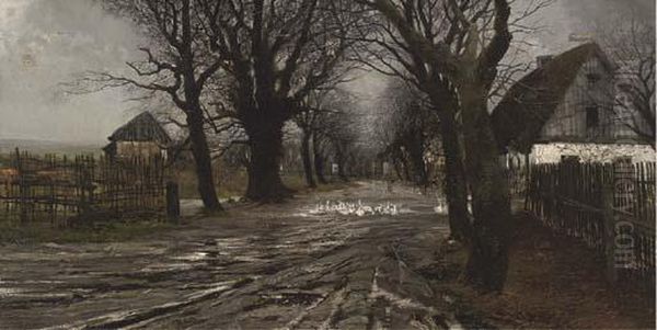 Geese On A Country Lane Oil Painting by Victor Freudemann