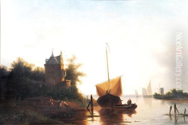 Figures And Shipping In An Estuary Oil Painting by Jacobus Freudenberg