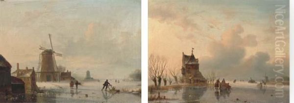 Skaters On A Dutch Waterway By A Windmill; And Skaters By A Riverside Cottage Oil Painting by Jacobus Freudenberg