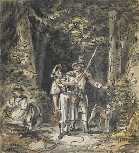 Forest Clearing With Hunter And Two Peasant Girls. Oil Painting by Sigismond Freudenberger