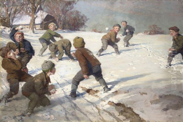 The Snowball Fight Oil Painting by Fritz Freund