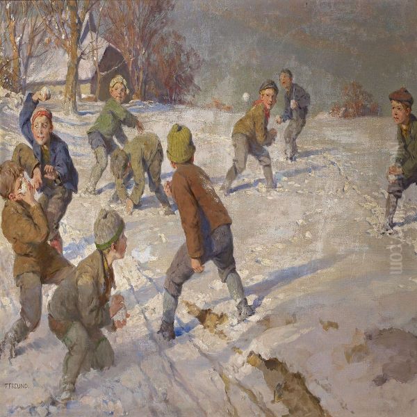 Snowball Fight Oil Painting by Fritz Freund