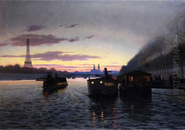 Nachtliche Ansicht Von Paris Mit Eiffelturm Und Trocadero Oil Painting by Eugene Frey