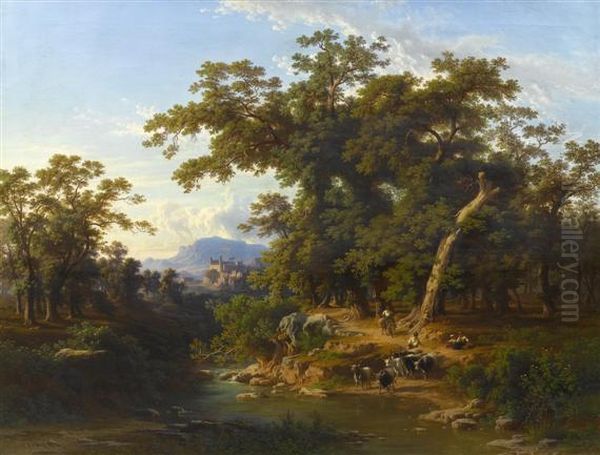 Cattle Herdsmen At A River Before A Broad Landscape. Oil Painting by Johann Jakob Frey