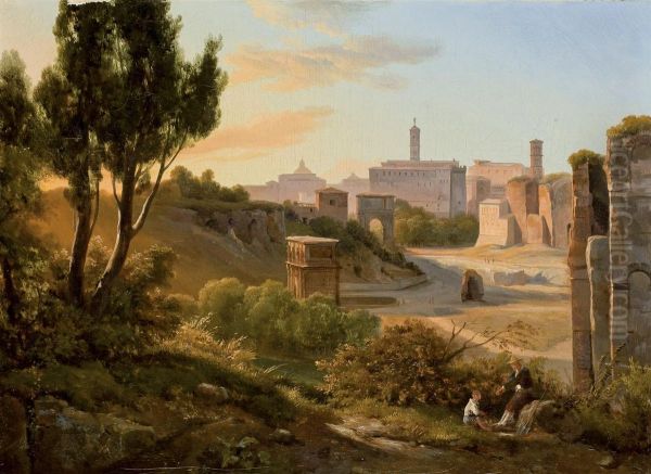 Vue Du Forum Romain, Des Promeneurs Au Premier Plan Oil Painting by Johann Jakob Frey