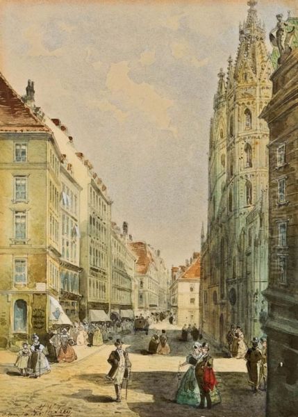 Stephansplatz In Wien Oil Painting by Johann Wilhelm Frey