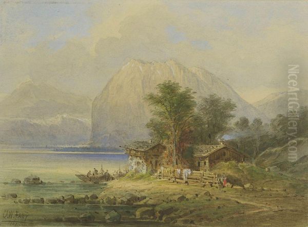 Am Ufer Eines Gebirgssees Oil Painting by Johann Wilhelm Frey