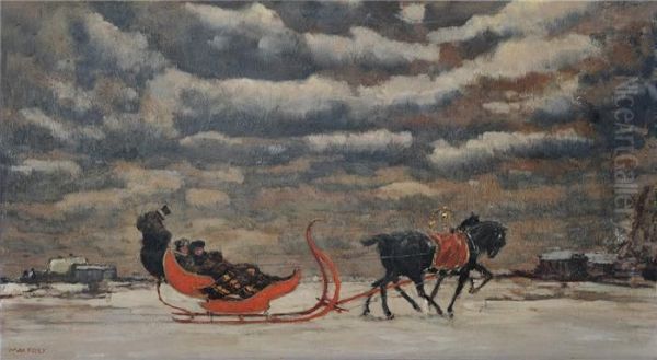 Schlittenfahrtin Winterlandschaft Oil Painting by Max Adolf Peter Frey