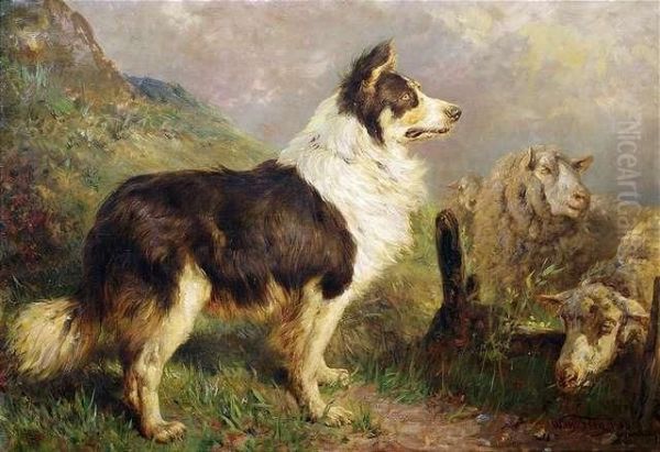 A Herding Dog With Sheep. Oil Painting by Wilhelm Frey