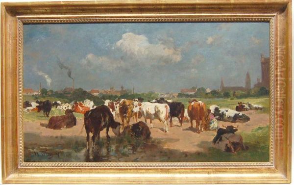 Kuhherde Vor Einer Industriestadt Oil Painting by Wilhelm Frey