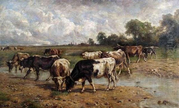 Cattle Herd At A Watering Place Oil Painting by Wilhelm Frey