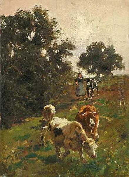 Hirtin Mit Kuhen Auf Dem Heimweg Oil Painting by Wilhelm Frey